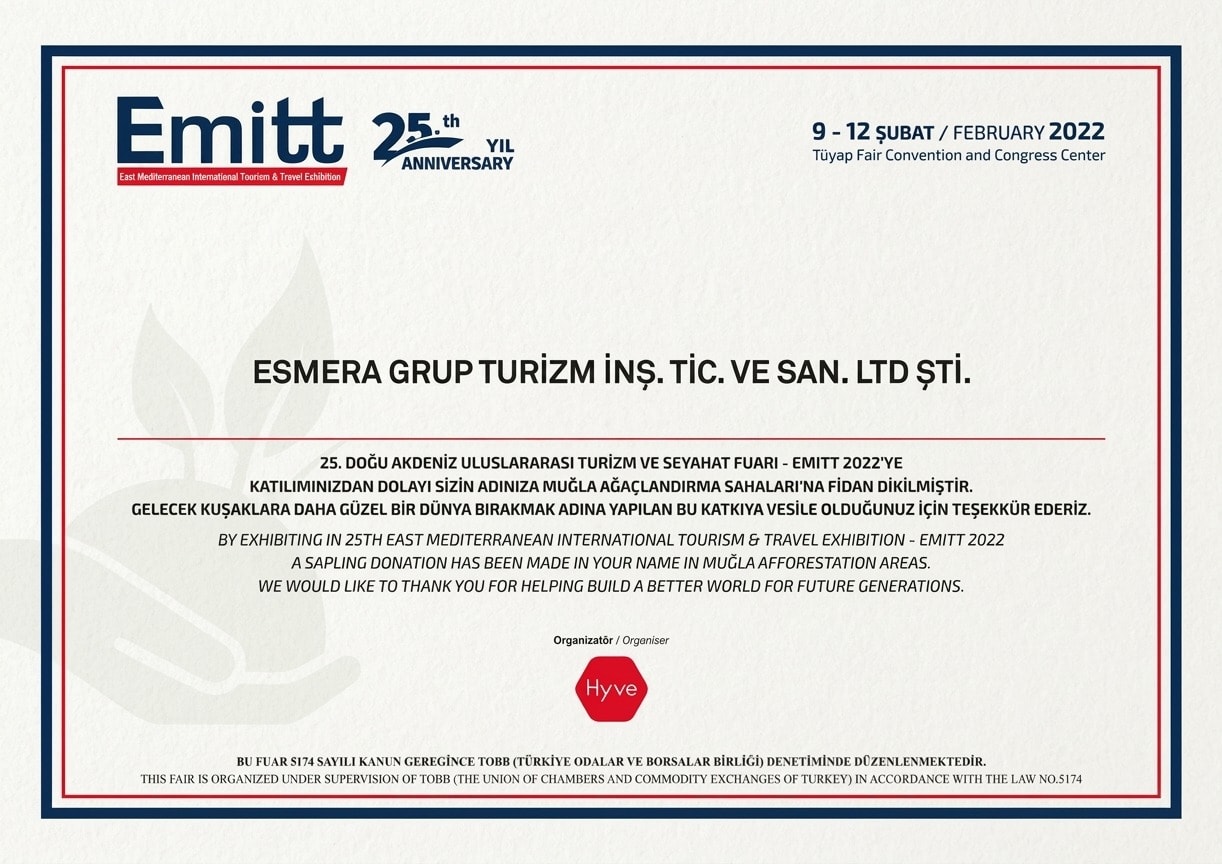 EMITT 2022 — 25. Doğu Akdeniz Uluslararası Turizm ve Seyahat Fuarı katılım belgesi
