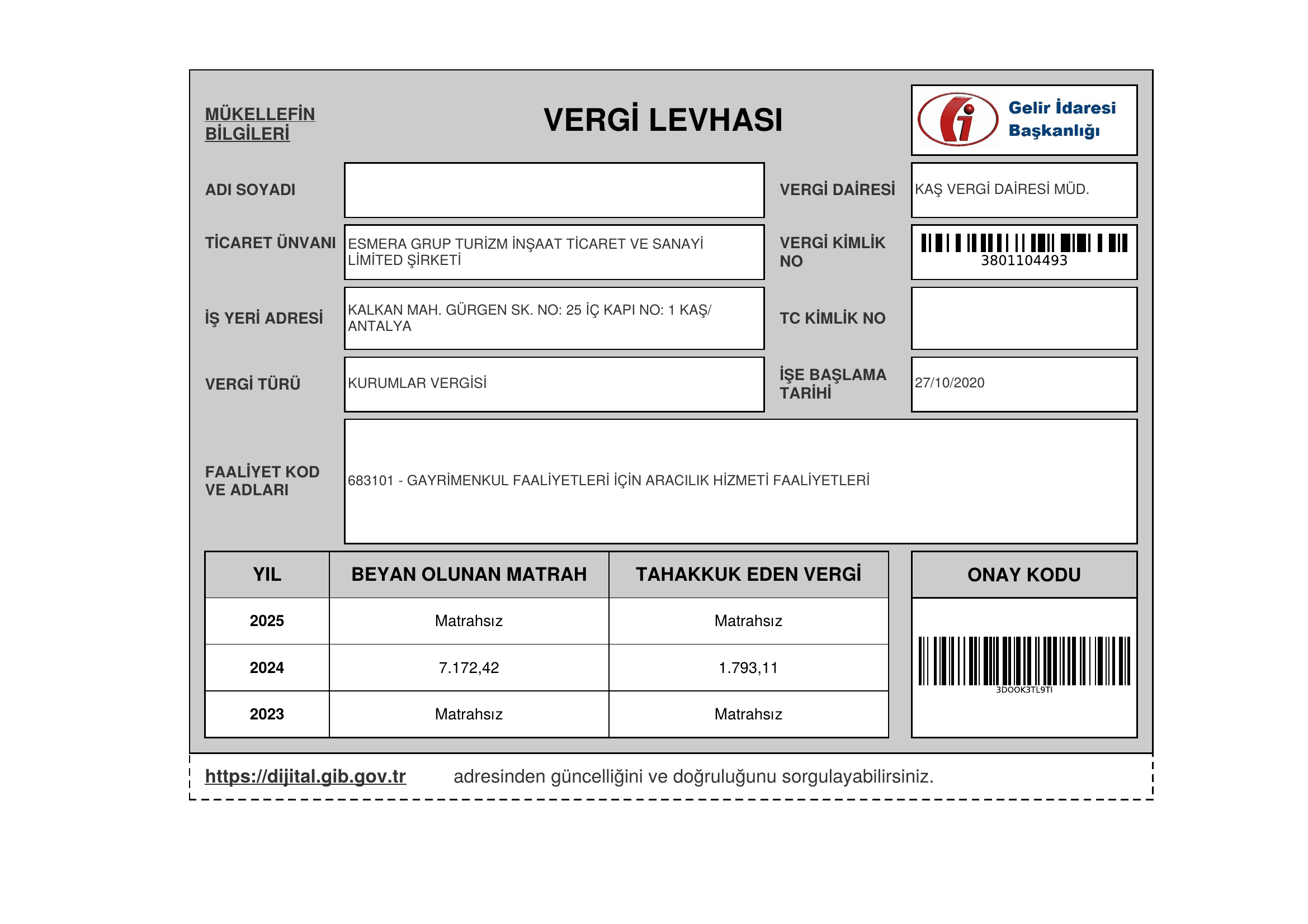 Esmera Grup Turizm İnşaat Ticaret Limited Şirketi vergi levhası